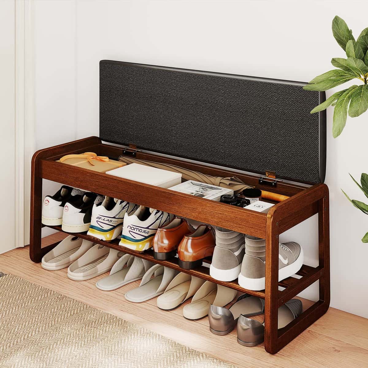 2-Tier Flip-Top Entryway Bench with Shoe Rack