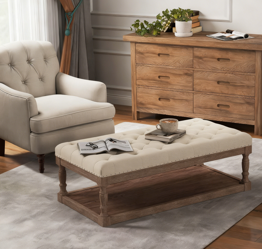 Rectangular Upholstered Ottoman Coffee Table with Solid Wood Shelf