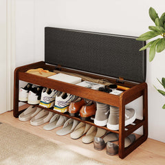 Rubberwood 2-Tier Shoe Rack Bench with Storage & Flip-Top Seat