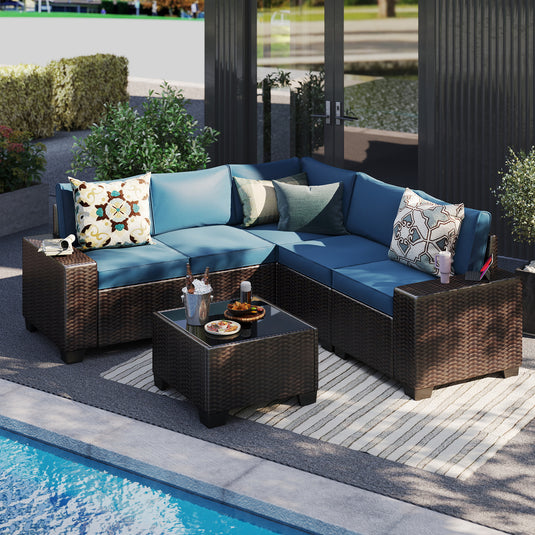 6-Piece Brown Wicker Outdoor Sofa Set with Cushions