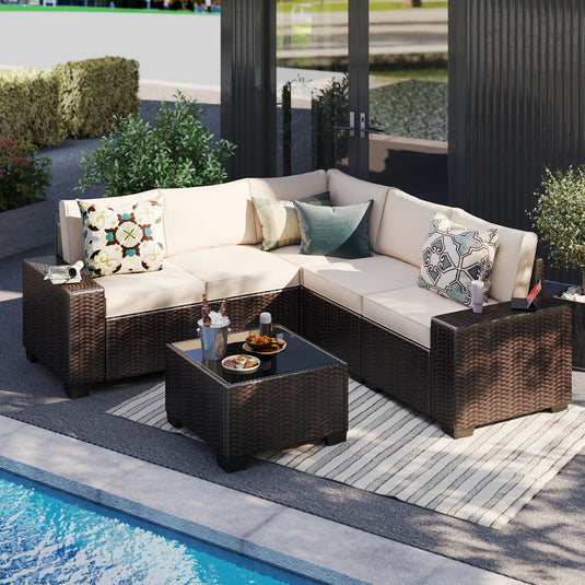 6-Piece Brown Wicker Outdoor Sofa Set with Cushions