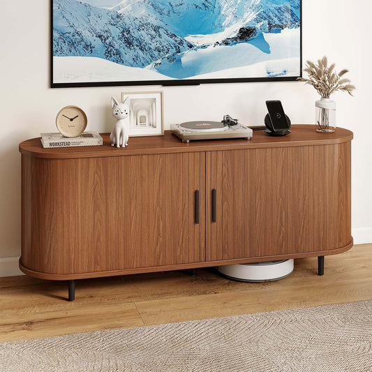 60" Walnut Mid Century Modern TV Stand with Sliding Doors