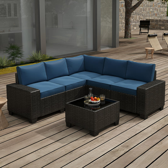 6-Piece Black Wicker Outdoor Sofa Set with Cushions