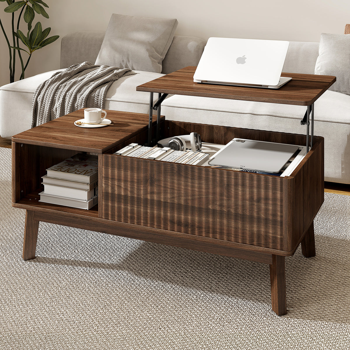 Fluted Lift Top Coffee Table with Hidden Storage Compartment