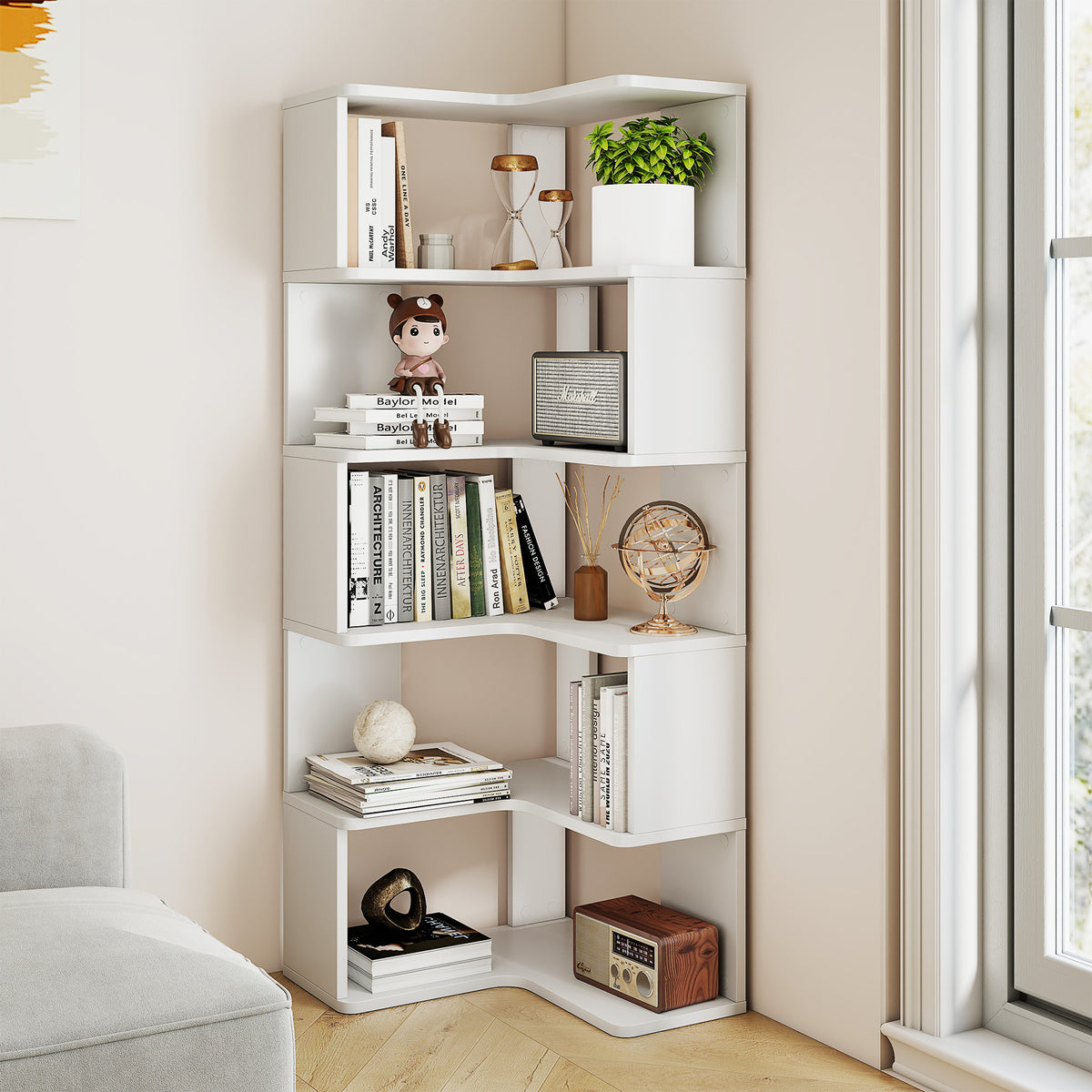 6-Tier L-Shaped Corner Bookshelf with Safety Baffles