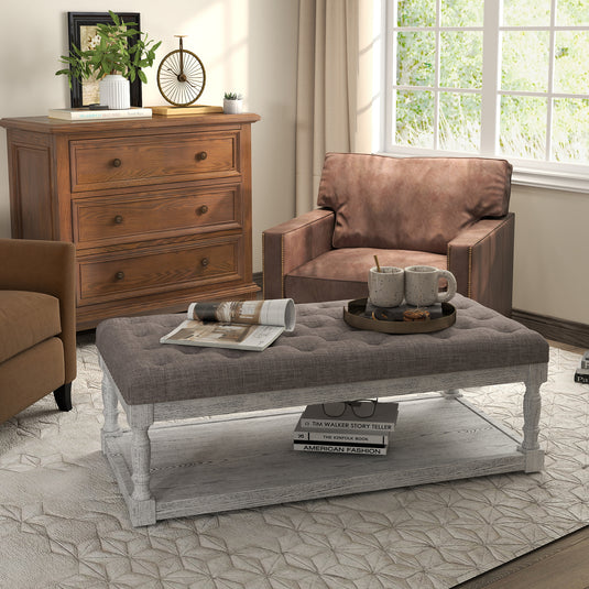 Wood Ottoman Bench with Tufted Cushion Top – High-Leg Footstool