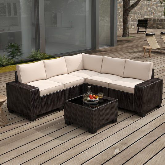 6-Piece Brown Wicker Outdoor Sofa Set with Cushions