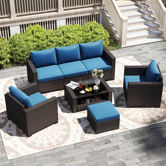 7 Pieces Outdoor Wicker Patio Furniture Sets with Cushions & Coffee Table