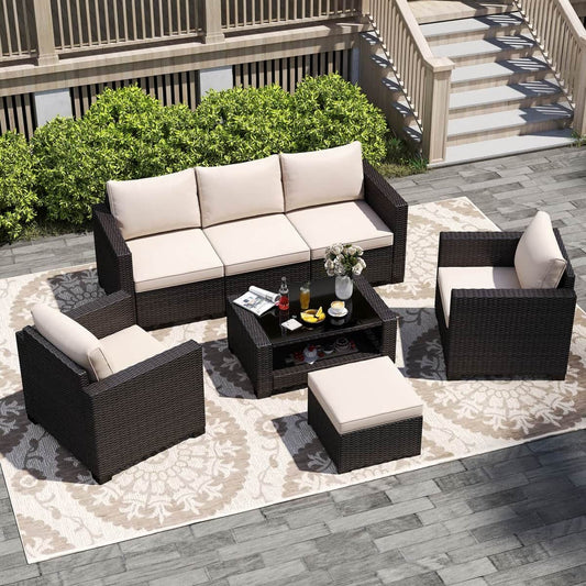 7 Pieces Outdoor Wicker Patio Furniture Sets with Cushions & Coffee Table