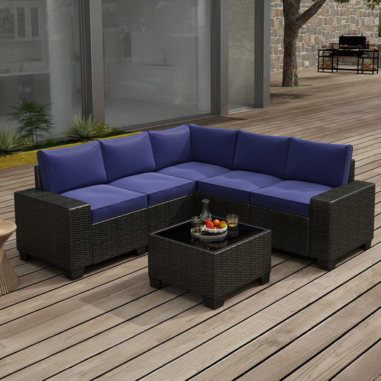 6-Piece Black Wicker Outdoor Sofa Set with Cushions