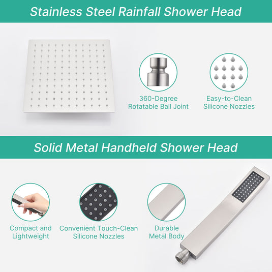 Cuzobro 12” Rainshower Head，All Metal Square Shower Heads with Handheld Spray Combo