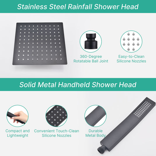 Cuzobro 12” Rainshower Head，All Metal Square Shower Heads with Handheld Spray Combo