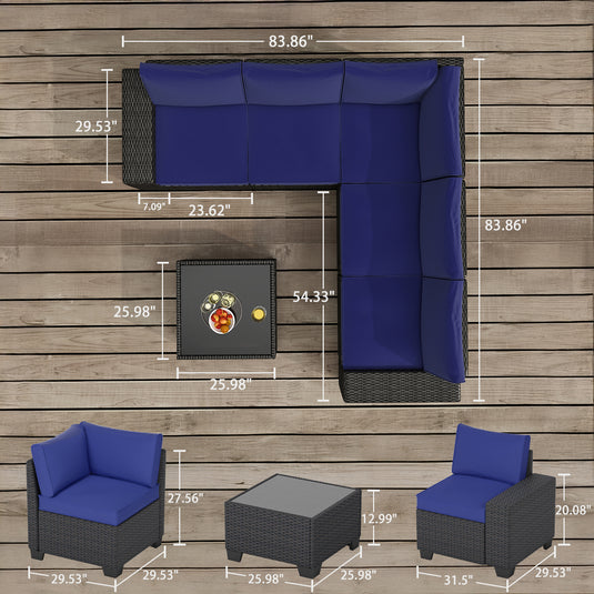 6-Piece Black Wicker Outdoor Sofa Set with Cushions