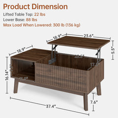 Fluted Lift Top Coffee Table with Hidden Storage Compartment