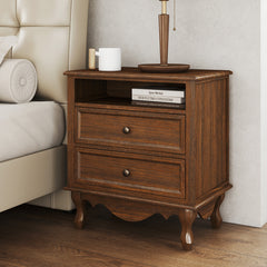 Solid Wood Nightstand with 2 Drawers & Charging Station