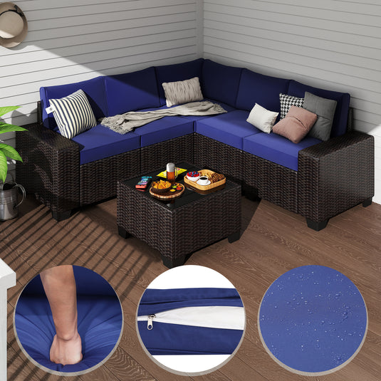 6-Piece Brown Wicker Outdoor Sofa Set with Cushions