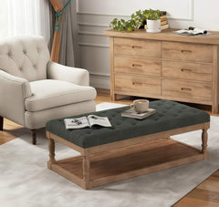 Rectangular Upholstered Ottoman Coffee Table with Solid Wood Shelf