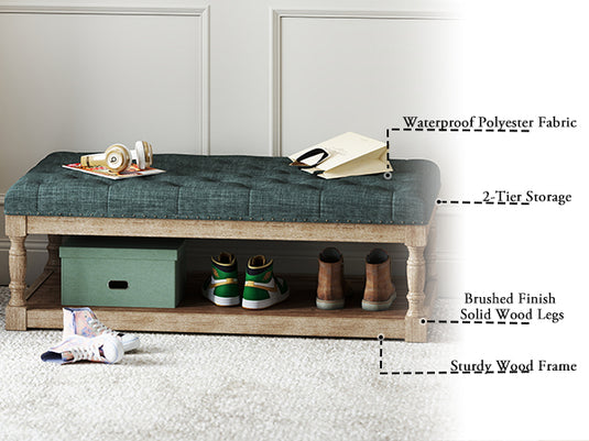 Wood Ottoman Bench with Tufted Cushion Top – High-Leg Footstool