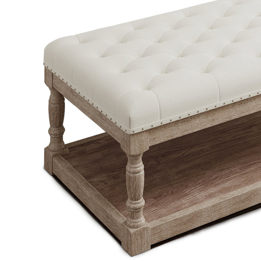 Wood Ottoman Bench with Tufted Cushion Top – High-Leg Footstool