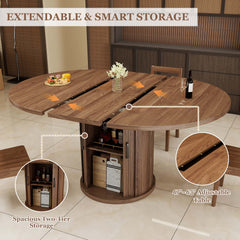 Expandable Round Dining Table for 4-8 Seats with Storage Underneath