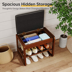 Rubberwood 2-Tier Shoe Rack Bench with Storage & Flip-Top Seat