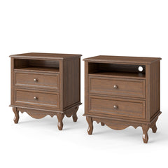 Solid Wood Nightstand with 2 Drawers & Charging Station
