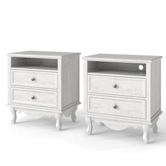 Solid Wood Nightstand with 2 Drawers & Charging Station