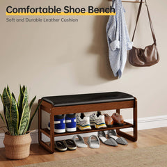 Rubberwood 2-Tier Shoe Rack Bench with Storage & Flip-Top Seat