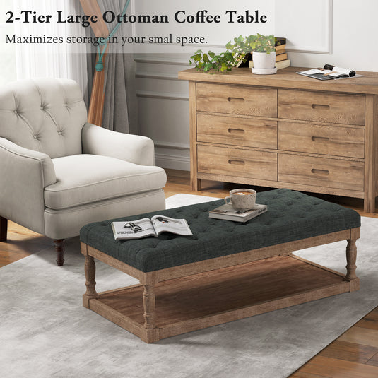 Wood Ottoman Bench with Tufted Cushion Top – High-Leg Footstool