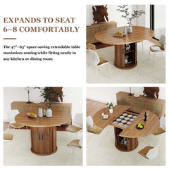 Expandable Round Dining Table for 4-8 Seats with Storage Underneath