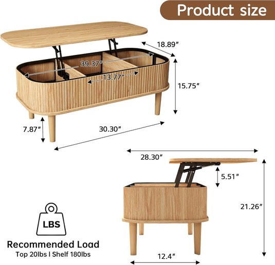 Lift Top Fluted Coffee Table with Hidden Storage