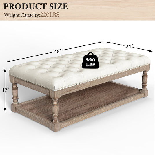 Wood Ottoman Bench with Tufted Cushion Top – High-Leg Footstool