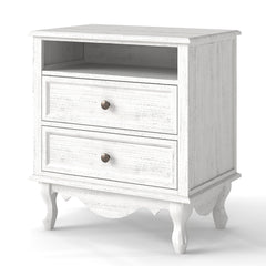 Solid Wood Nightstand with 2 Drawers & Charging Station