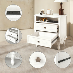 Solid Wood Nightstand with 2 Drawers & Charging Station