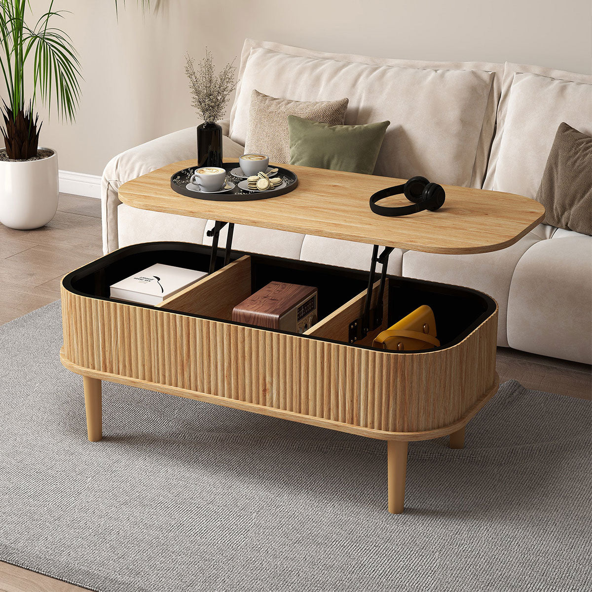 Fluted Lift Top Coffee Table with Hidden Compartment