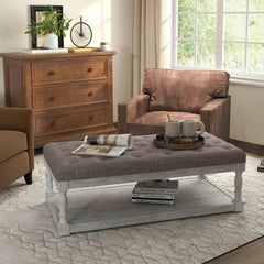 Rectangular Upholstered Ottoman Coffee Table with Solid Wood Shelf