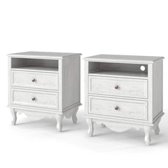 Solid Wood Nightstand with 2 Drawers & Charging Station