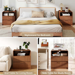 Fluted Nightstand with 2 Drawers and Charging Station