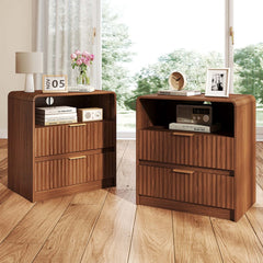 Fluted Nightstand with 2 Drawers and Charging Station