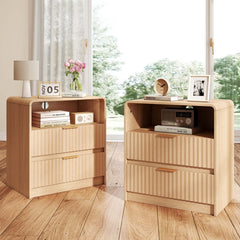 Fluted Nightstand with 2 Drawers and Charging Station