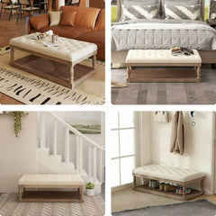 Rectangular Upholstered Ottoman Coffee Table with Solid Wood Shelf