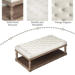 Rectangular Upholstered Ottoman Coffee Table with Solid Wood Shelf