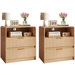 Fluted Nightstand with 2 Drawers and Charging Station
