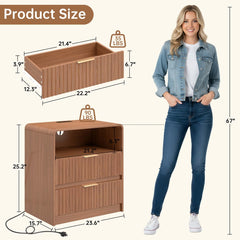 Fluted Nightstand with 2 Drawers and Charging Station