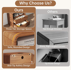 Fluted Nightstand with 2 Drawers and Charging Station